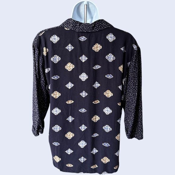 Ms Choice Petite 90s Rayon Button Blouse Navy Mixed Polka Dot Medallion 3/4 - Picture 2 of 6